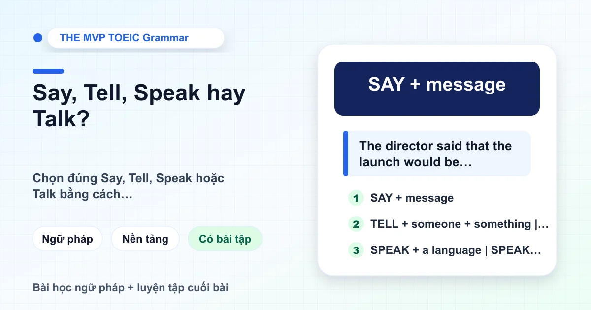Thẻ học bốn cấu trúc Say, Tell, Speak và Talk trong ngữ cảnh TOEIC