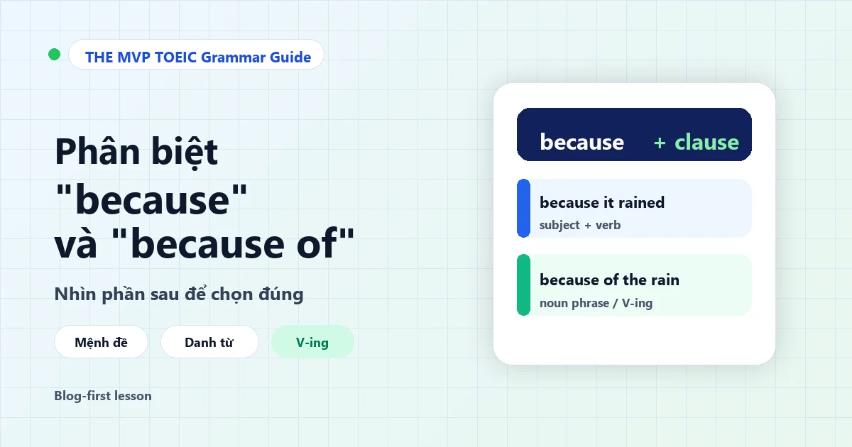 Minh họa bài học phân biệt "because" và "because of" trong tiếng Anh.