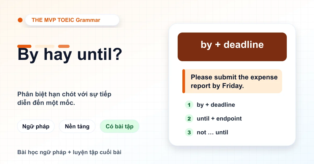 Thẻ học phân biệt by cho hạn chót và until cho hành động tiếp diễn đến một mốc thời gian