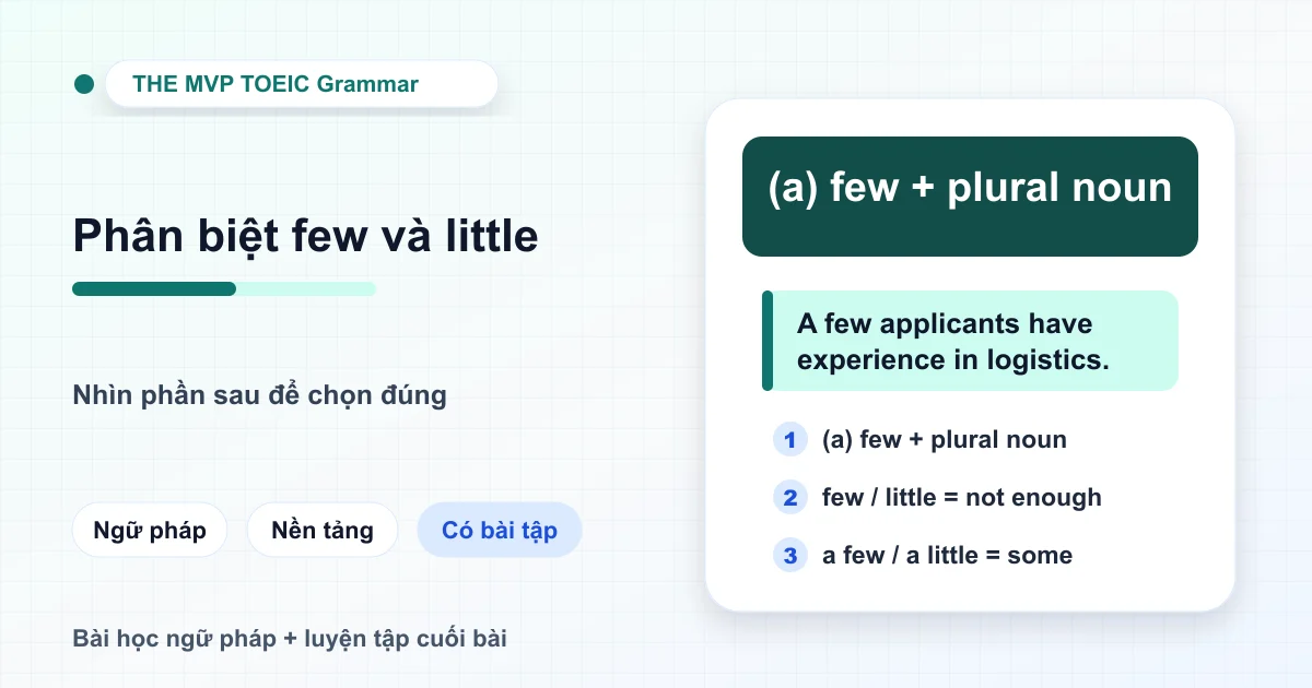 Thẻ học đối chiếu few, a few, little và a little theo loại danh từ và sắc thái