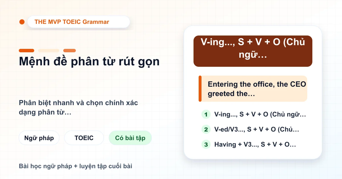 Minh họa Grammar Lesson TOEIC về Mệnh đề phân từ rút gọn trong tiếng Anh: Cấu trúc và cách dùng