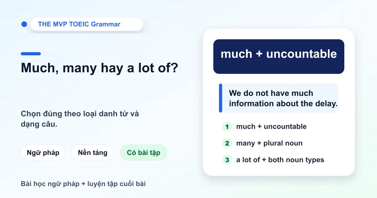 Thẻ học phân biệt much với danh từ không đếm được, many với danh từ số nhiều và a lot of với cả hai