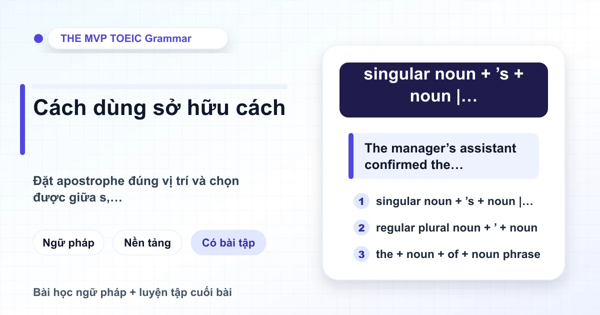 Minh họa bài học TOEIC về quan hệ sở hữu giữa người, đồ vật và thời gian