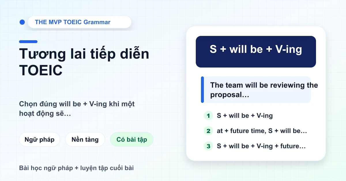 Thẻ bài học TOEIC về cấu trúc will be cộng động từ ing